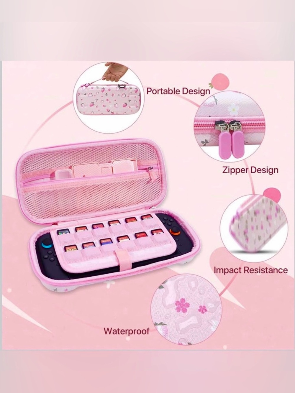 Pink Floral Nintendo Switch Carrying Case with Game Card Storage NWT 🍓🎮🩷